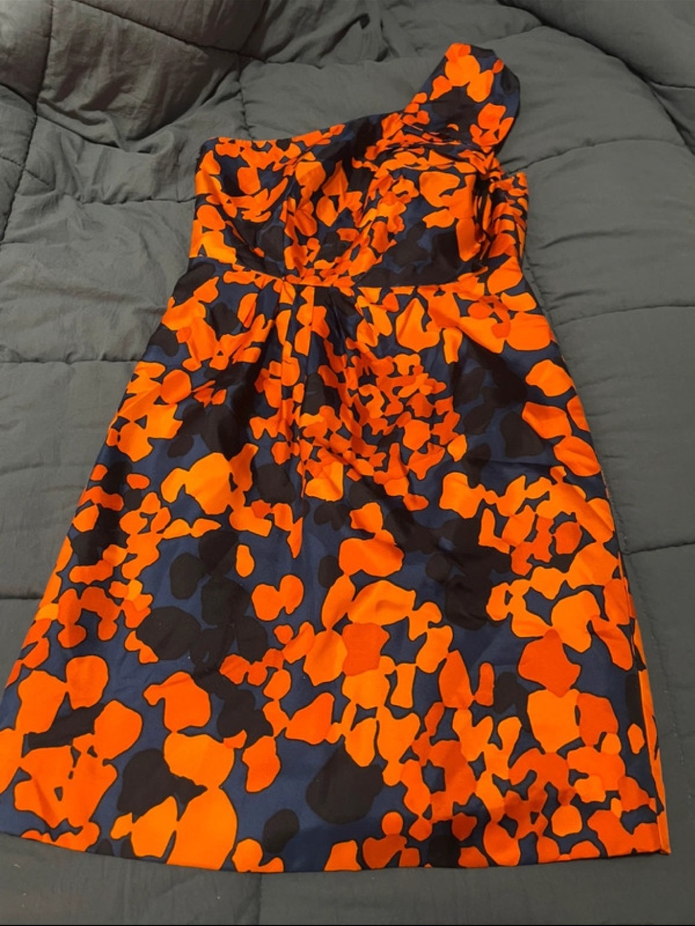 Strapless Orange and Navy Floral Print Dress
